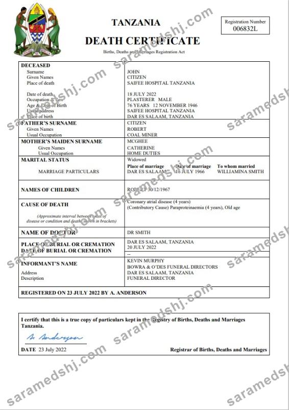 Tanzania vital record death certificate Word and PDF template